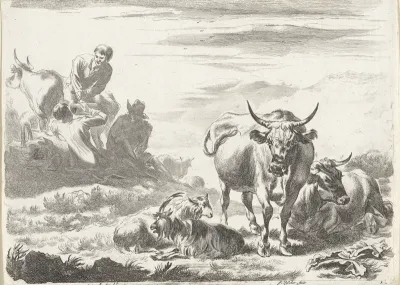 Herders tussen hun kudde aan een maaltijd
