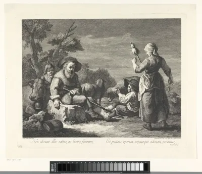 Herdersfamilie in landschap