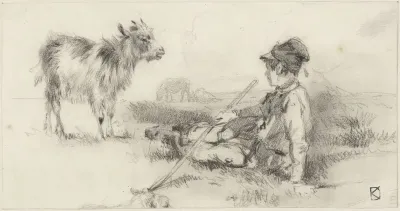 Herdersjongen in het gras gezeten, met tegenover hem een geit