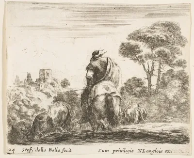 Herdsman atop a horse, seen from behind, leads his cattle down a hill, a tower on a hill to left in the background, plate 24 from "Diversi capricci"