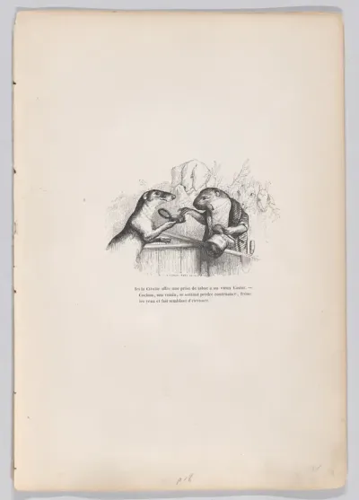 Here, the civet offers a hit of snuff to an old beaver, from "Scenes from the Private and Public Life of Animals"