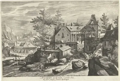 Herfst, een landschap met een dorp aan een rivier