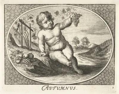 Herfst in gedaante van kind met druiventros en fruit in ovaal