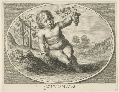 Herfst in gedaante van kind met druiventros en fruit in ovaal