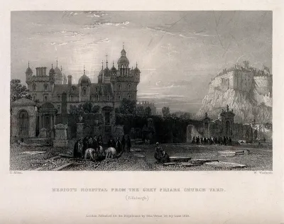 Heriot's Hospital, Edinburgh Castle from Grey Friars Church yard, Edinburgh, Scotland
