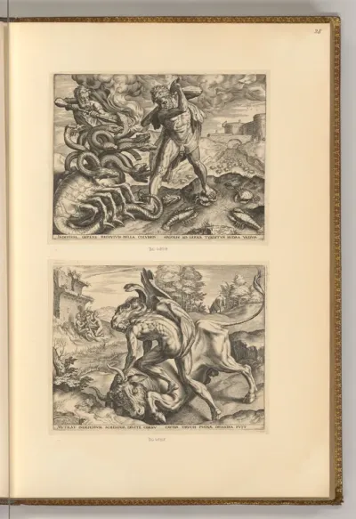 Herkules besiegt die Hydra von Lerna; Herkules kämpft mit Achelous in Gestalt eines Stieres