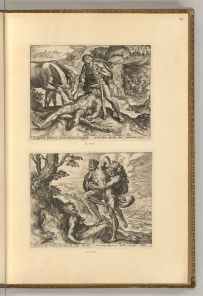 Herkules wirft Diomedes seinen eigenen Stuten zum Fraß vor und Herkules erschlägt Cacus; Herkules besiegt Antaeus