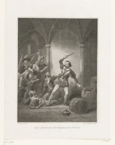 Herman de Ruiter op het punt een brandend lont in het kruitvat te steken, 1570