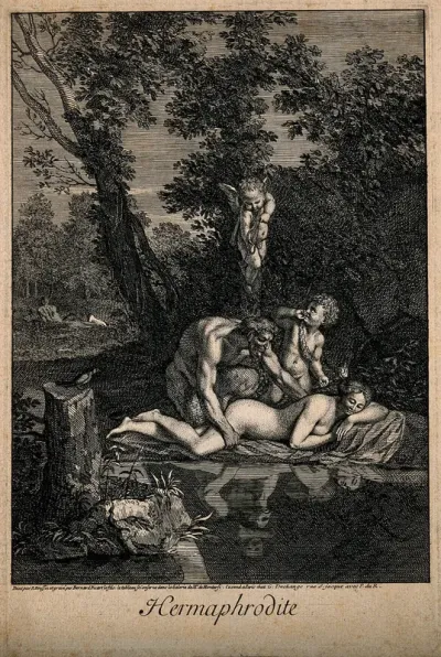 Hermaphroditus asleep by a woodland lake, admired by a satyr with Cupid above