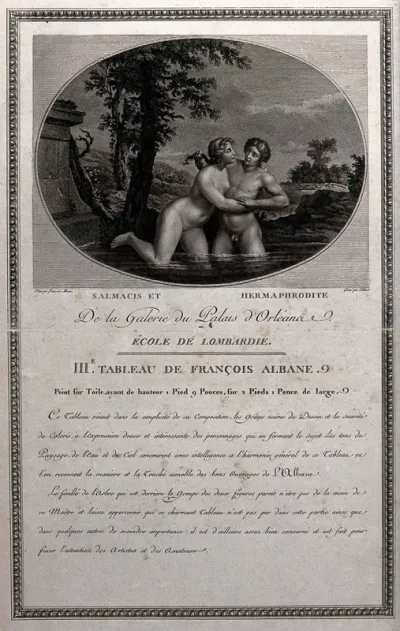 Hermaphroditus in the pool of the spring-nymph Salmacis, who begged the gods that they be joined for all time; the gods acceded and they became one, male and female
