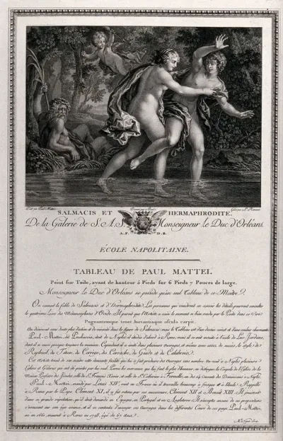 Hermaphroditus in the pool of the spring-nymph Salmacis, who has asked the gods to join them together for all time; the gods acceeded and they became one, male and female