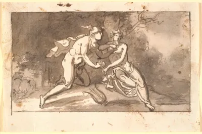 Hermes lærer en ung mand (Apollo ?) at spille på fløjte