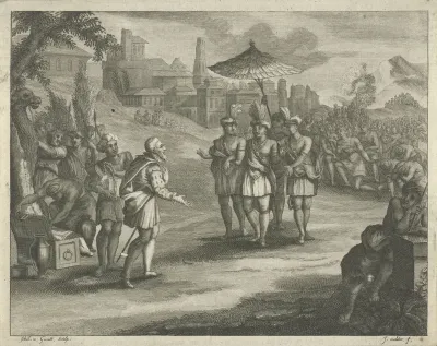 Hernán Cortés ontmoet Montezuma in Tenochtitlan, 1519