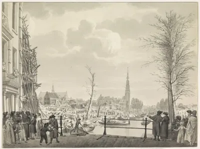 Herstelwerk op het Rapenburg na de ramp, 1807