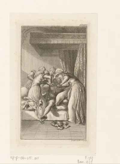 Hertog Adalbert wordt door zijn hofdames het bed in gedwongen
