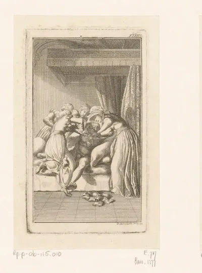 Hertog Adalbert wordt door zijn hofdames het bed in gedwongen