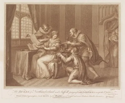 Hertogen van Northumberland en Suffolk vragen Lady Jane Grey de kroon te aanvaarden