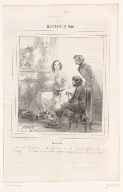 Hertogin met twee mannen voor de haard