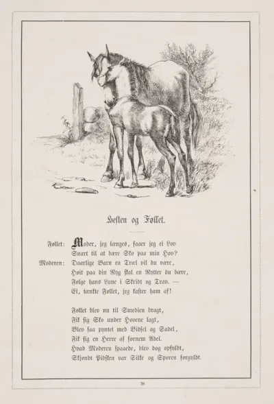 Hesten og Føllet. Illustration til H.V. Kaalund, "Fabler for Børn"