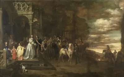 Het afscheid van de ritmeester Hendrik de Sandra (1619-1707), uitgeleide gedaan door zijn vrouw en kinderen