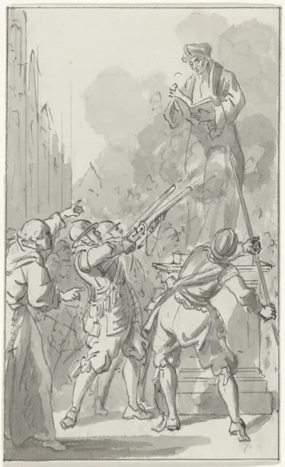 Het beeld van Erasmus te Rotterdam beschoten door de Spanjaarden, 1572
