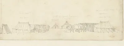 Het cavaleriekamp op het Malieveld te 's-Gravenhage, 1742; de linkervleugel