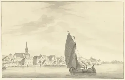 Het dorp Gouderak met op de voorgrond een zeilend schip