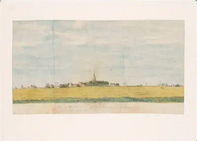 Het dorp Overdiem bij amsterdam aan de Zuyderzee, van de land zyde te zien