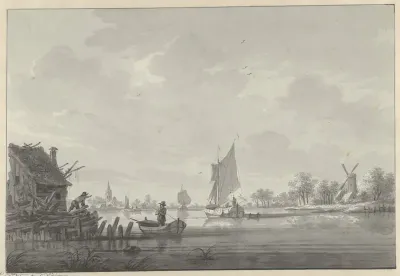 Het dorp Zijp aan de Lek, met zeilschepen op de rivier