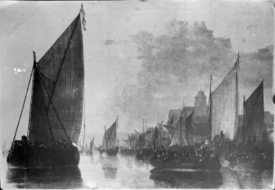 Het gezicht vanaf de rivier de Waal op de Valkhofburcht ; een olieverfschilderij van Aelbert Cuyp (20-10-1620 - 15-11-1691).