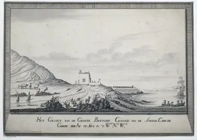 Het Gezigt van de Groote Battery Chavonis van de Strand, Capo de Goede hop Af te Sien in 't Wt., Nd., Wt.