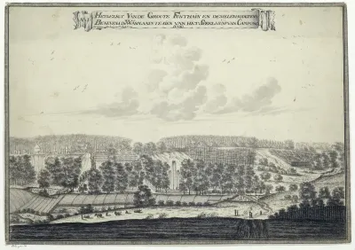 Het gezigt Van de Groote Fonthain en desselfs hoogtens Benevens de Wasplaats te sien van het Speelhuijs van Campong Baro