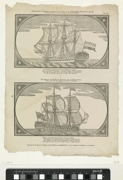 Het Hollandsch oorlogschip de Admiraal de Ruiter, van 64 stukken kanon, onder bevel van den / schoutbynacht, nu vice-admiraal J. A. Zoutman / Het Engelsch oorlogschip de Fortitude, van 74 stukken kanon, / onder bevel van den admiraal Hyde Parker