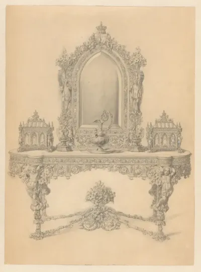 Het in 1847-1851 door François-Désiré Froment-Meurice vervaardigde verguld zilveren toiletstel op bijbehorende tafel, dat in 1851 door de dames van Frankrijk als huwelijksgeschenk aan de hertogin van Parma is aangeboden