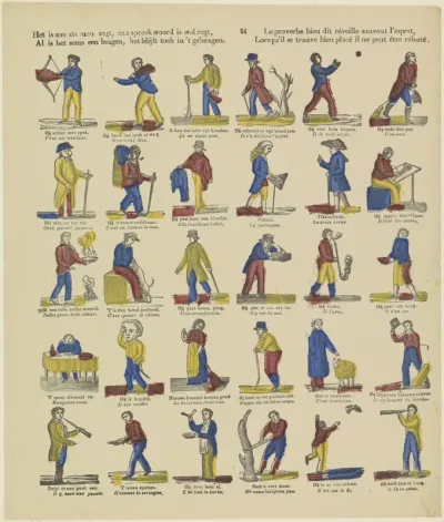 Het is zoo als men zegt, Een spreekwoord is wel regt, / Al is het soms een leugen, het blijft toch in 't geheugen / Le proverbe bien dit réveille souvent l'esprit, / Lorsqu'il se trouve bien placé il ne peut être rébuté