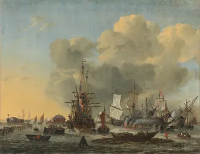 Het kalefateren van schepen bij de Hannekesboom op het IJ te Amsterdam