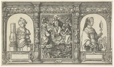 Het Laatste Oordeel en personificaties van Kracht (Fortitudo) en IJdelheid (Vanitas)