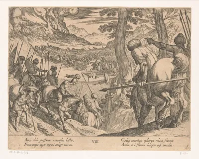 Het leger van Alexander de Grote sluit de vijandelijke troepen in met vuur