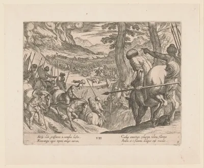 Het leger van Alexander de Grote sluit de vijandelijke troepen in met vuur