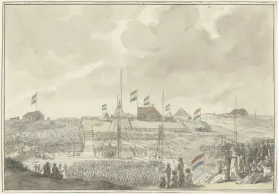 Het leggen van de eerste steen voor de grote sluis te Katwijk, 7 augustus 1805