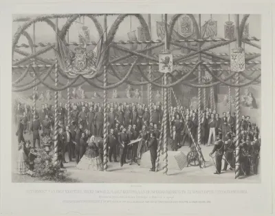 Het leggen van den eersten steen door Z.M. den Koning aan de spoorwegbrug te Zutphen op den 22.n October 1861