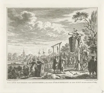 Het lijk van Gillis van Ledenberg in een kist opgehangen, 1619