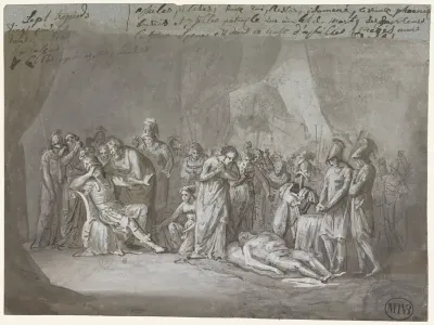 Het lijk van Patroclus in Achilles tent beweend