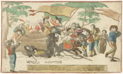 Het ongeluk van het bruidspaar in een hondenkar, 1716
