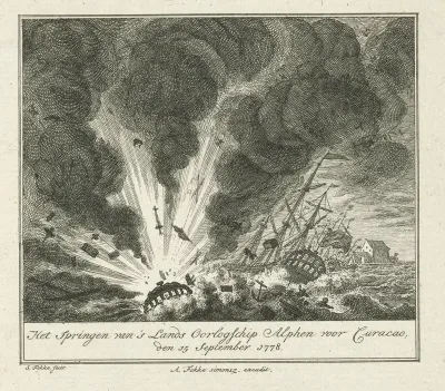 Het ontploffen van het Nederlandse oorlogschip Alphen voor Curacao, 1778