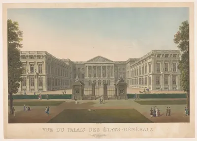 Het paleis der Staten-Generaal te Brussel in 1815. Onder den l.o: Dessiné par C. janssens. Onder den r.o: Gravé par Gibele. Onderaan in het midden: Figures par Madou. Onderschrift in de marge: vue du palais des états-généraux/ à Bruxelles