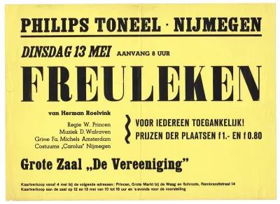 Het Philips toneel presenteert ' Freuleken', van Herman Roelvink op dinsdag 13 mei in de Grote Zaal van de Vereeniging.