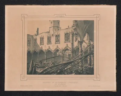 Het puin van de Beurs van Antwerpen, langs de kant van de bank, met zicht op de zuilen
