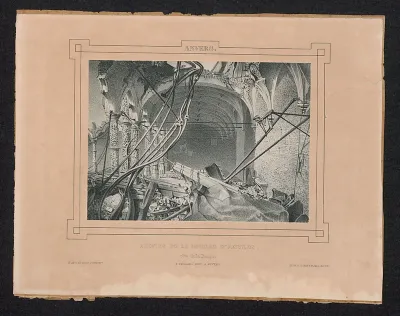 Het puin van de Beurs van Antwerpen, langs de kant van de bank, onder de gaanderij