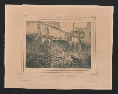 Het puin van de Beurs van Antwerpen, langs de kant van de handelsrechtbank